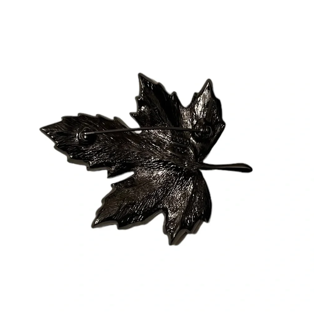 Three Tone Crystal Gunmetal Maple Leaf Brooch